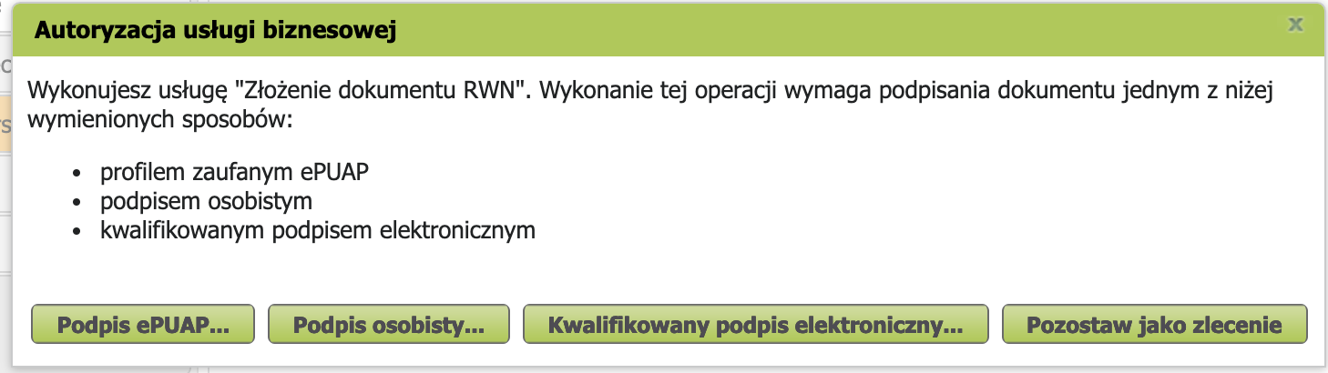 PUE ZUS: окно Autoryzacja usługi — выбор способа подписи, кнопка Podpis ePUAP