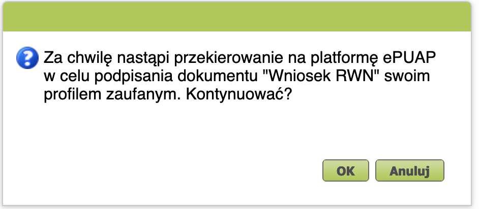 PUE ZUS: сообщение о перенаправлении на ePUAP для подписания, кнопка OK