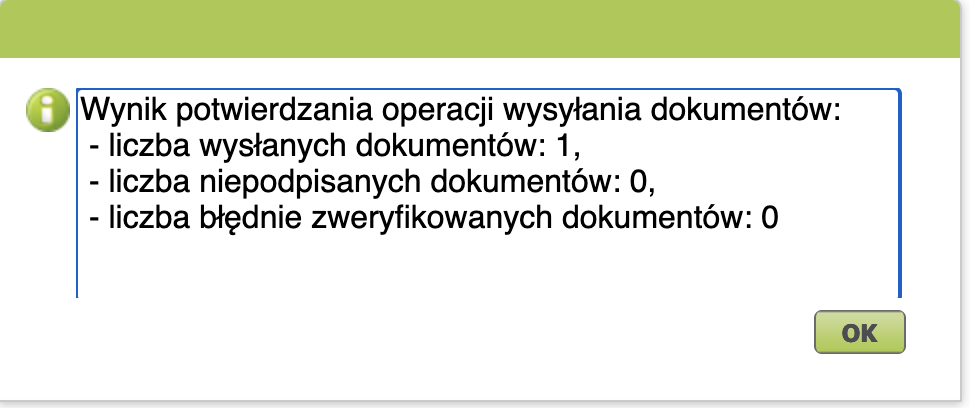 PUE ZUS: результат отправки — liczba wysłanych dokumentów: 1
