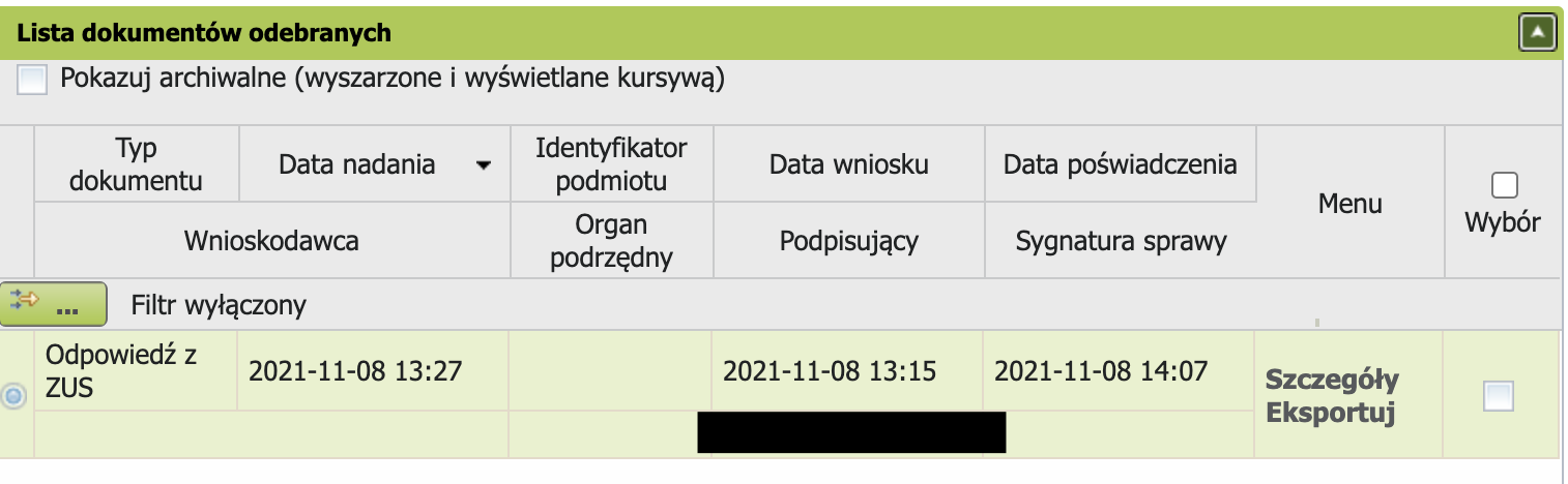 PUE ZUS: полученный документ, пункт Szczegóły