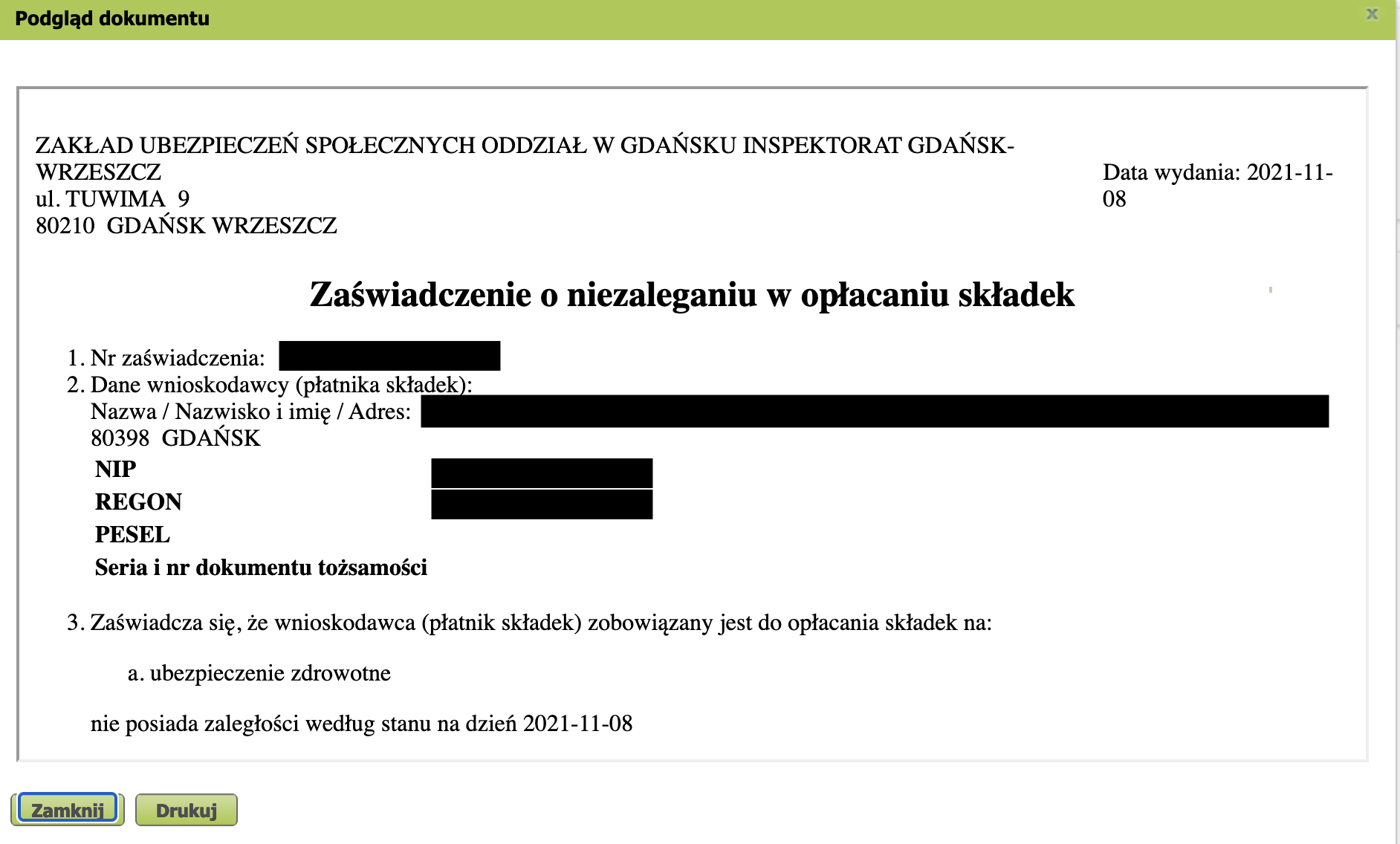 PUE ZUS: просмотр справки, кнопка Drukuj