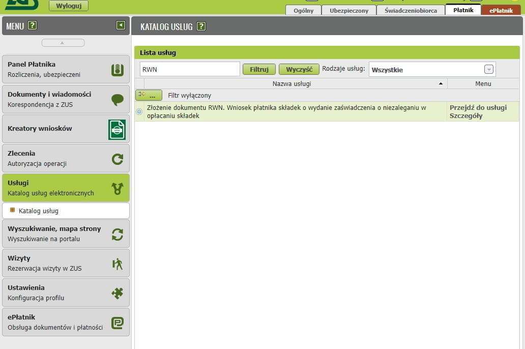Katalog usług elektronicznych ZUS: фильтр по запросу RWN