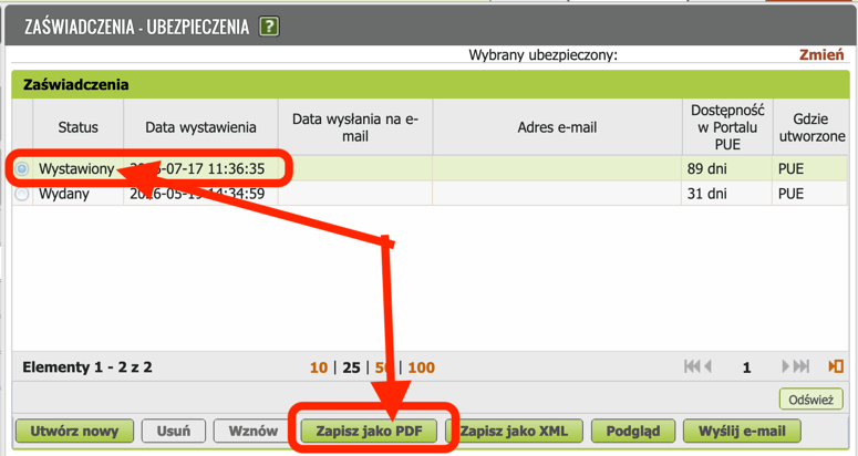 Кнопка Zapisz jako PDF для сохранения подписанной справки