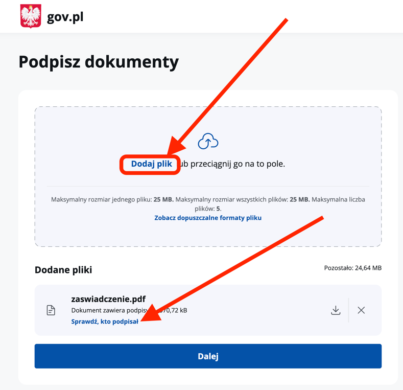 podpis.gov.pl: кнопка Sprawdź, kto podpisał у загруженного PDF