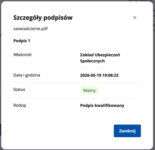 Szczegóły podpisów: документ подписан Zakład Ubezpieczeń Społecznych, podpis kwalifikowany