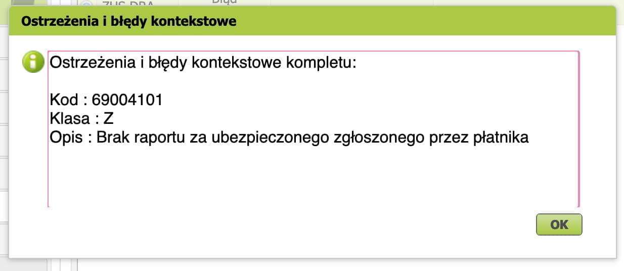Ошибка 69004101: brak raportu za ubezpieczonego zgłoszonego przez płatnika