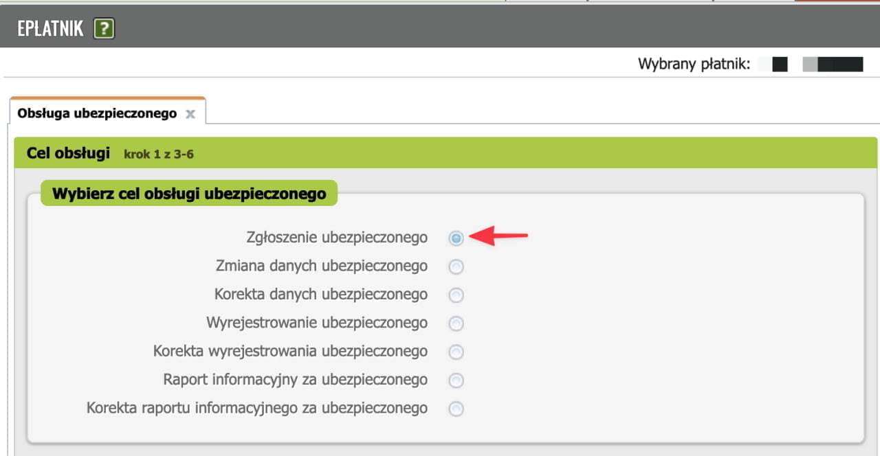 Окно Obsługa ubezpieczonego: выбран пункт Zgłoszenie ubezpieczonego