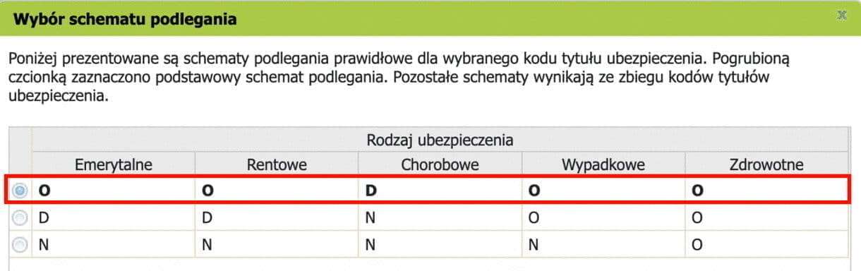 Окно Wybór schematu podlegania: основная схема страхования выделена