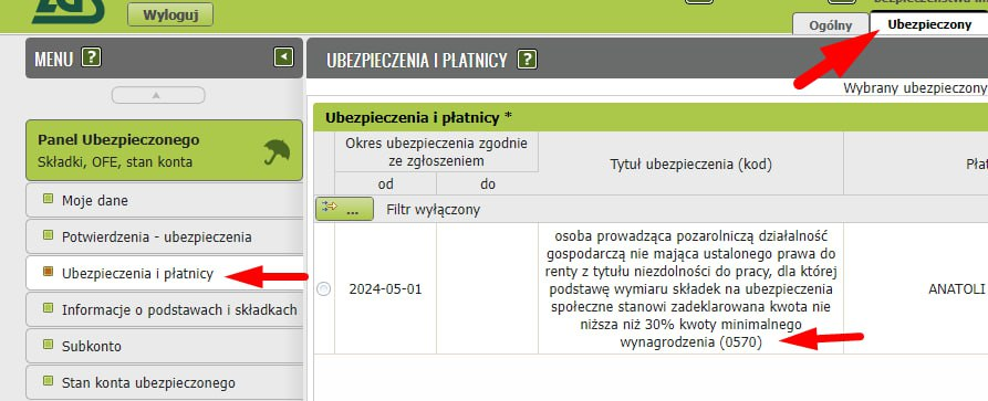 eZUS, панель Ubezpieczony: страхование с кодом 0570 в Ubezpieczenia i płatnicy