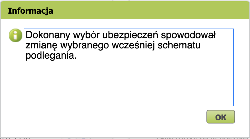 Диалог Informacja об изменении схемы принадлежности, кнопка OK