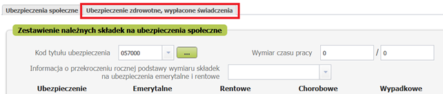 Вкладка Ubezpieczenie zdrowotne, wypłacone świadczenia