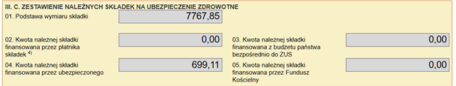 Декларация ZUS RCA 057000: раздел III.C, поле 04 — składka zdrowotna