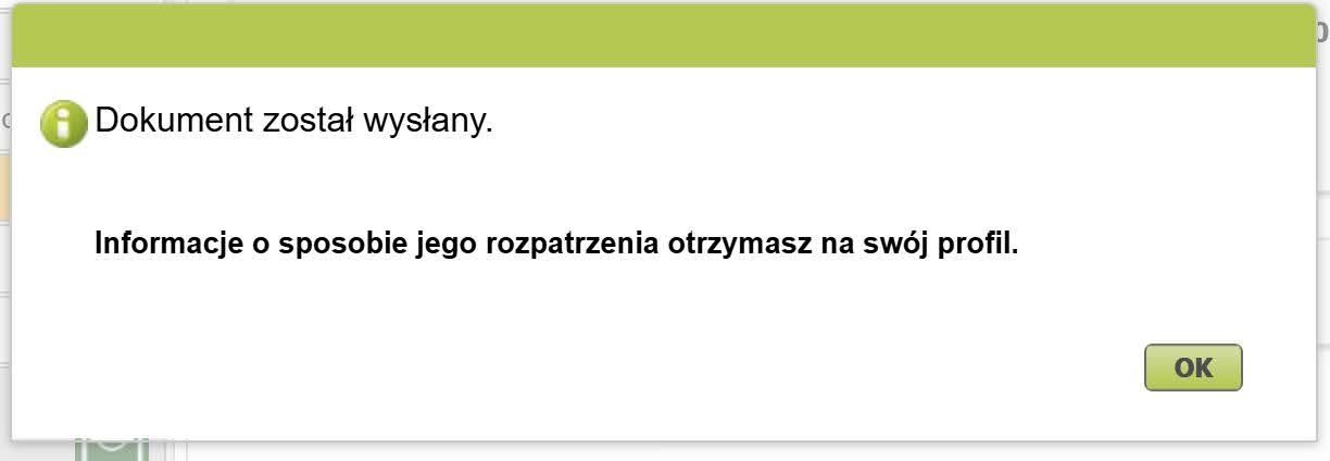 Сообщение об успешной отправке заявления в ZUS