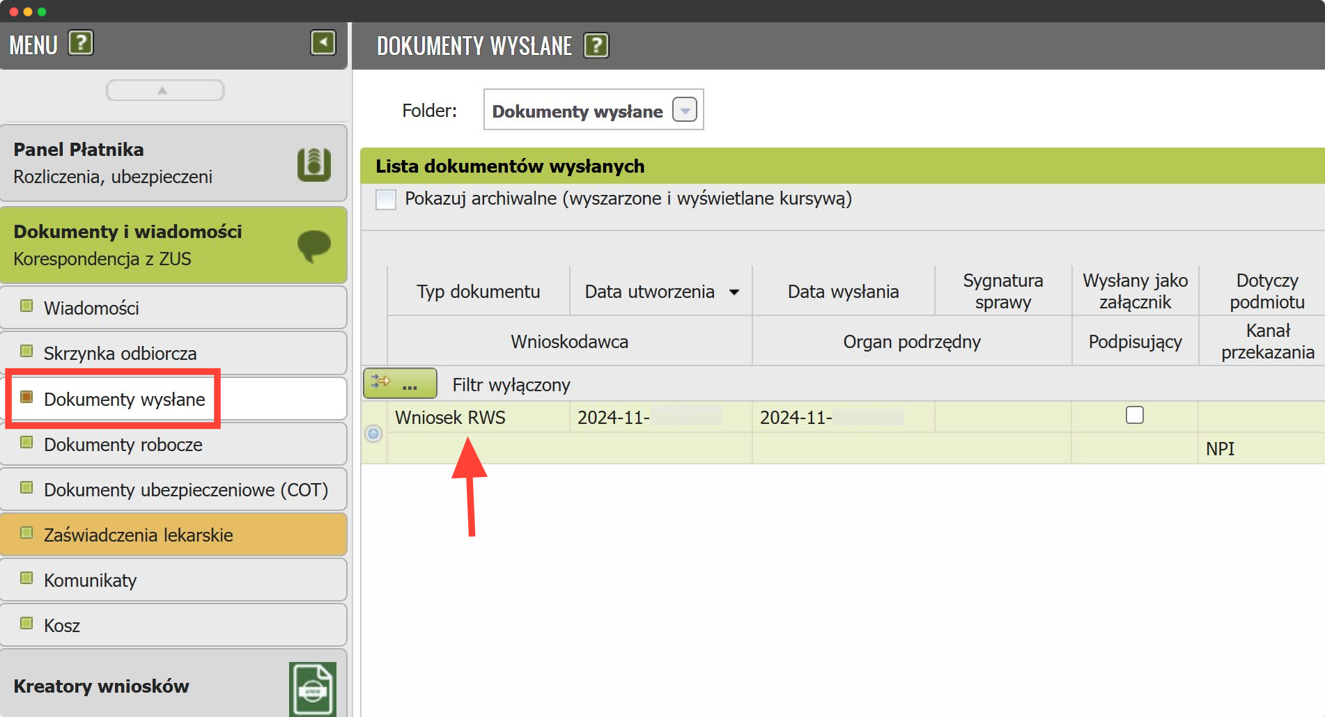 Раздел Dokumenty wysłane: отправленный Wniosek RWS