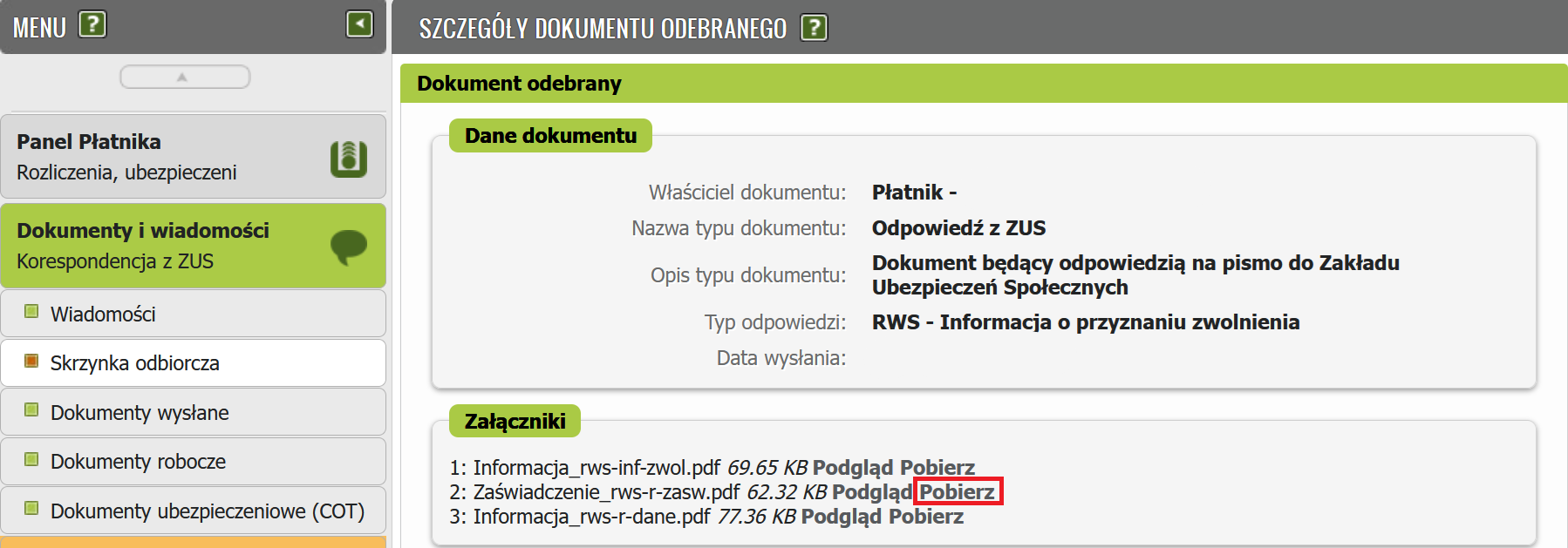 Панель Szczegóły, раздел Załączniki: файл zaświadczenia, кнопка Pobierz
